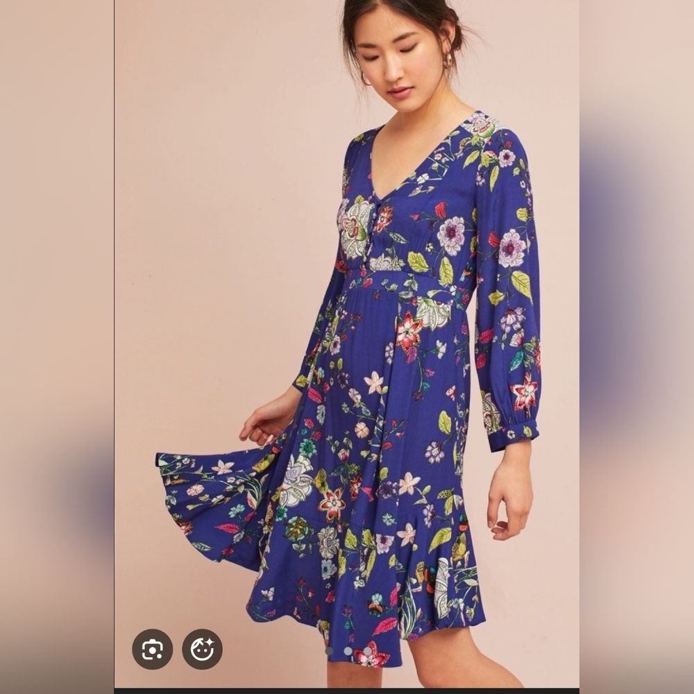 Maeve Anthropologie Maplewood Blue Floral Long Sleeve Button Dress Size XS